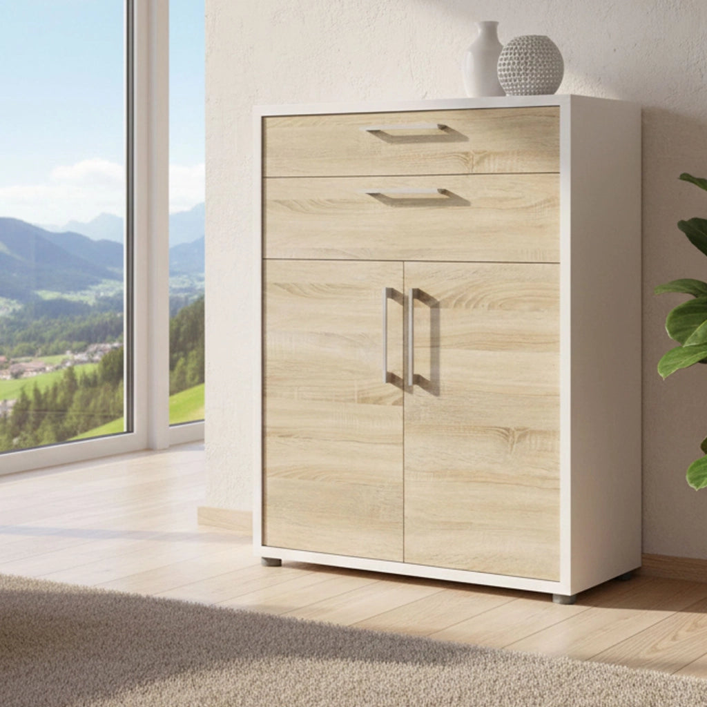 Credenza Agra, Buffet da soggiorno, Madia da salotto, Dispensa da cucina, 89x40 h113 cm, Bianco e Quercia