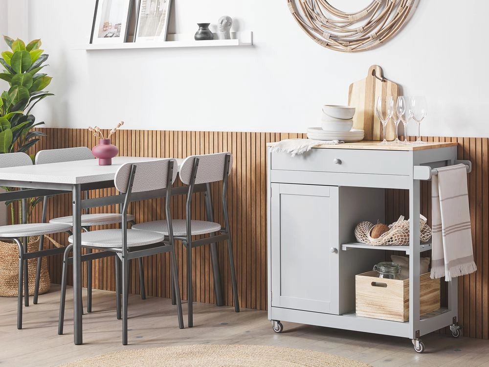 Carrello da cucina MDF grigio legno di gomma 75 x 43 x 87 cm armadio porta asciugamani 2 ripiani posate cassetto ruote