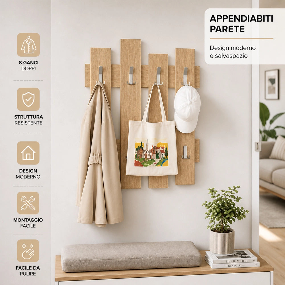 Appendiabiti da Muro Attaccapanni Montaggio a Parete H79xl64xP4 cm Quercia