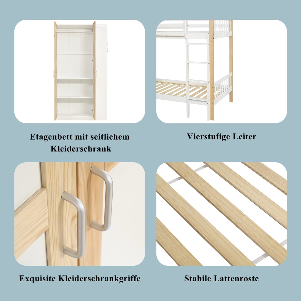 DESMIU Letto a castello bambino 90 × 200 cm con scala a 4 gradini, 6 ripiani, armadio laterale, senza materasso