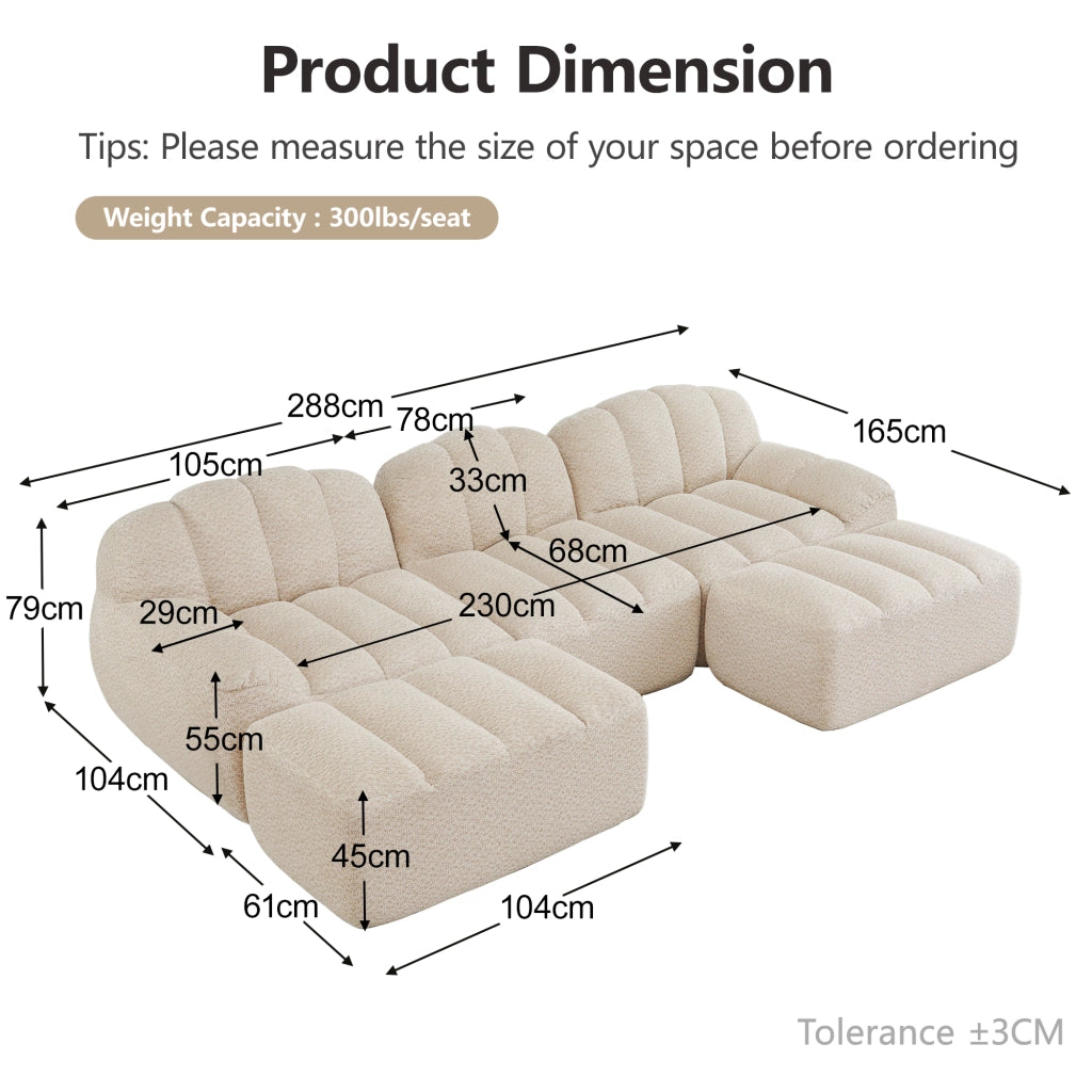 Divano modulare a U senza struttura con 2 ottomani e seduta profonda in pile granulare beige bianco