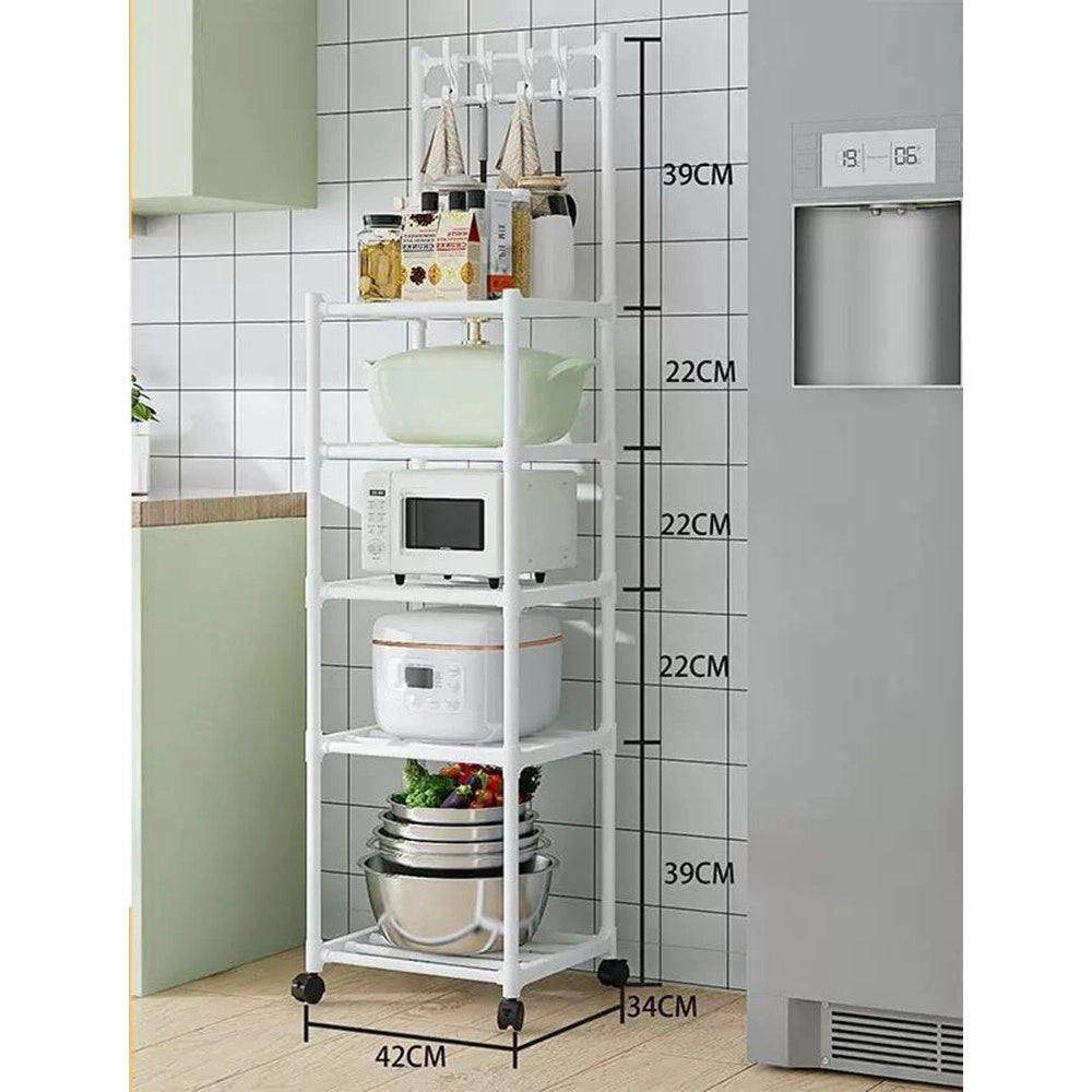 Trade Shop - Carrello Scaffale Portaoggetti Multiuso Da Cucina Bagno 5 Ripiani Con Ruote Ganci Bianco -