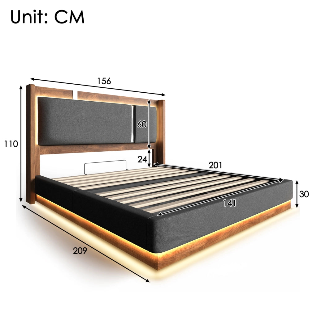 Letto imbottito 140x200 con LED, vano contenitore e rete a doghe