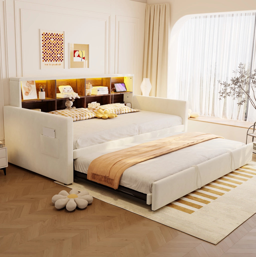 Letto imbottito estraibile 90 x 190 cm in velluto beige con LED e prese