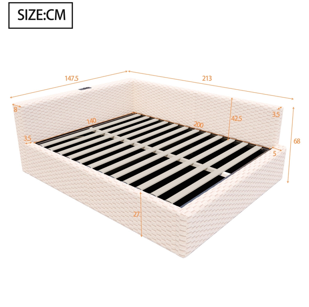 Letto imbottito 140x200 cm in velluto beige con contenitore; LED e porte USB Type-C