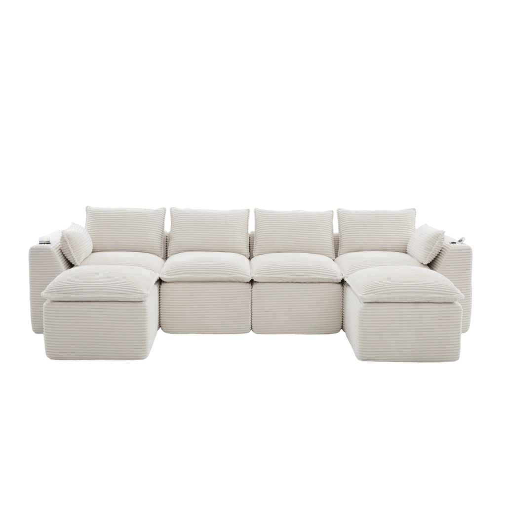 Divano modulare 4 posti con pouf, tessuto a coste beige, cuscini, portabicchieri e tasche laterali