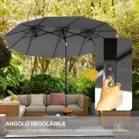 Ombrellone Doppio Inclinabile a 45° con Manovella e Prese d'Aria, in Acciaio e Poliestere, 285x147x227 cm, Grigio