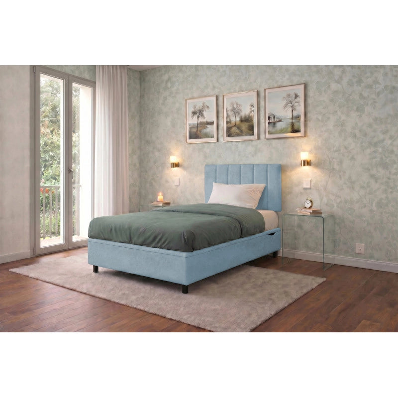 Letto imbottito Singolo 80x190 cm Vertical - Contenitore,Microfibra,Azzurro