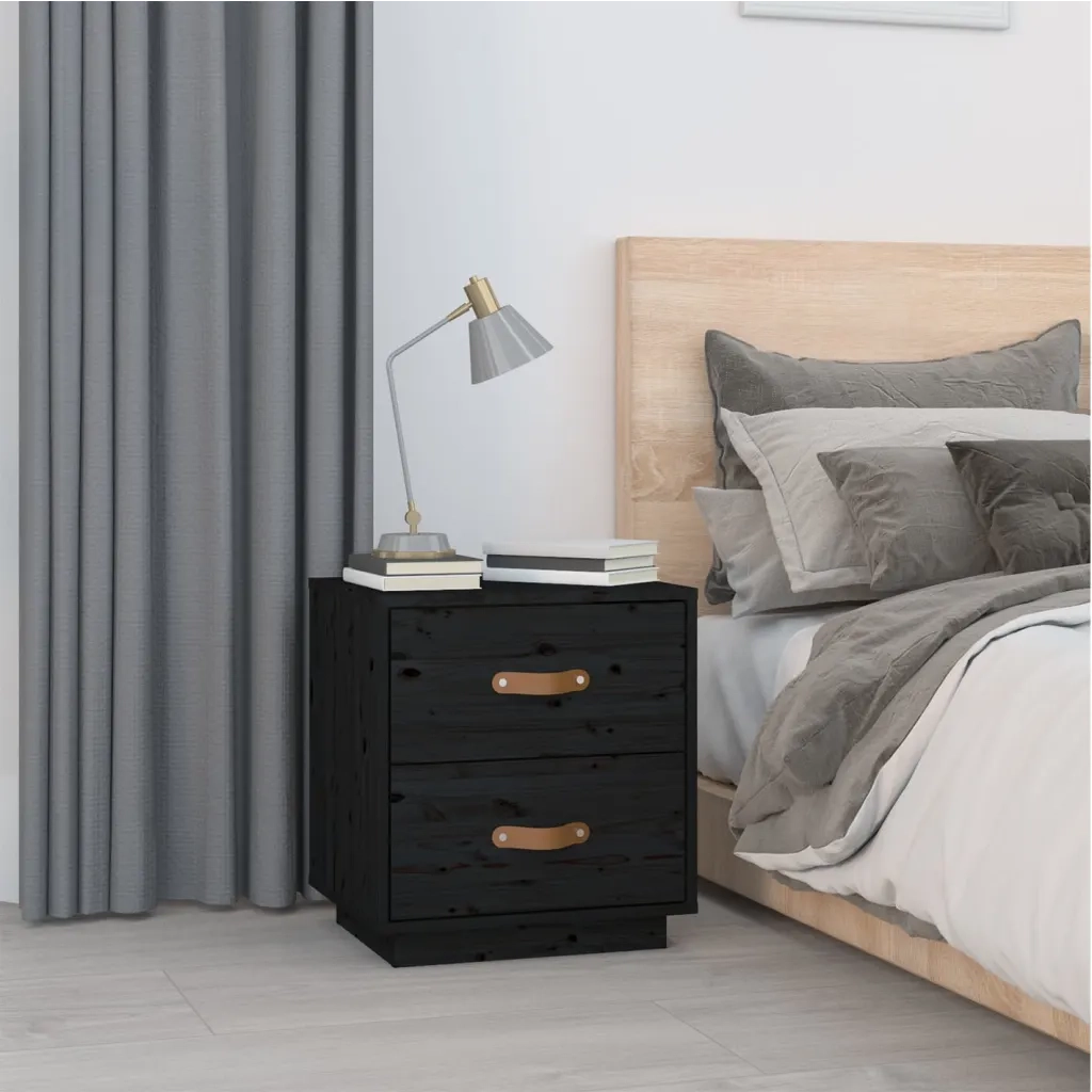 Set di 2 Comodini | Armadio da Notte | Mobiletto da notte Neri 40x34x45 cm in Legno Massello di Pino