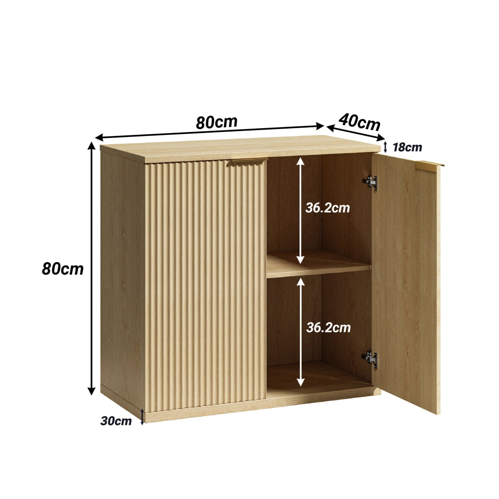 Credenza con 2 ante e ripiani; per soggiorno; in MDF; 80×40×80 cm; rovere