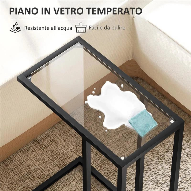TAVOLINO DA CAFFÈ IN VETRO E ACCIAIO A FORMA DI C 46X25X63.5 CM NERO