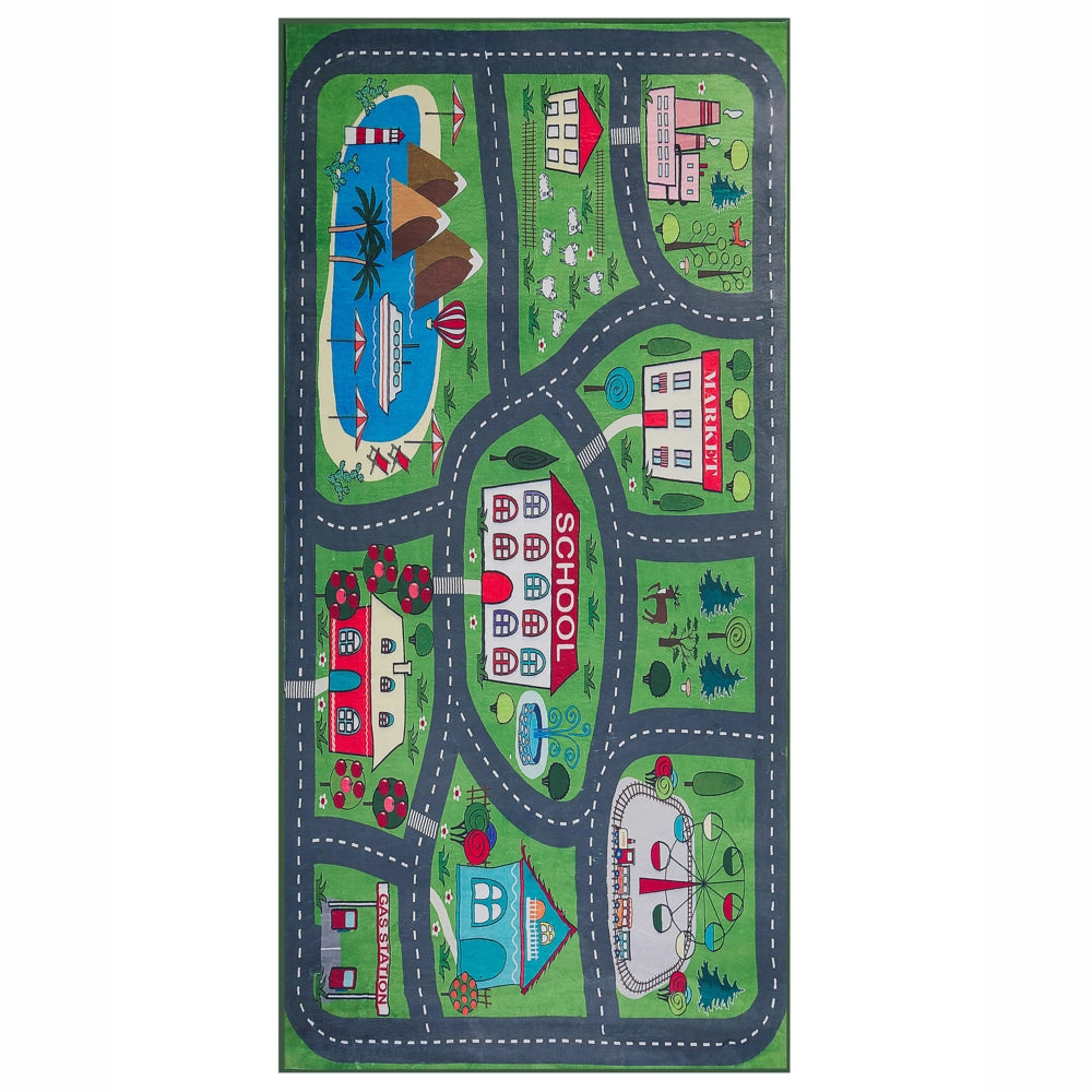 Tappeto Verde Poliestere Mappa Stradale Città Tappetino da Gioco da Terra a Tema 80 x 150 cm