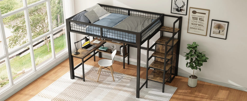 LETTO a soppalco con scrivania e armadio 140x200 cm MDF e metallo Nero/Marrone