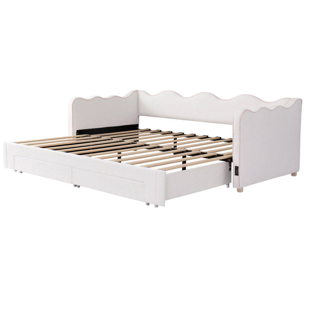 Letto daybed estraibile 90x200 cm con rete; 2 cassetti e porte USB; boucl茅 beige