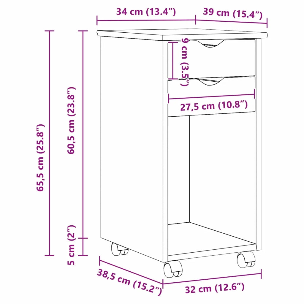 Mobile con Ruote Nero 34 x 39 x 65,5 cm Legno di pino massiccio