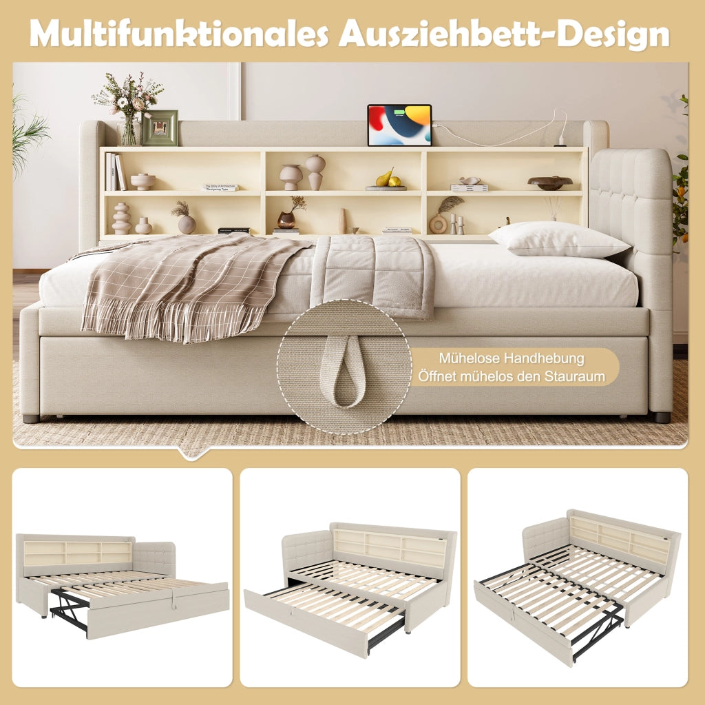 Divano letto estraibile 90x200 cm in lino beige con USB e Type-C