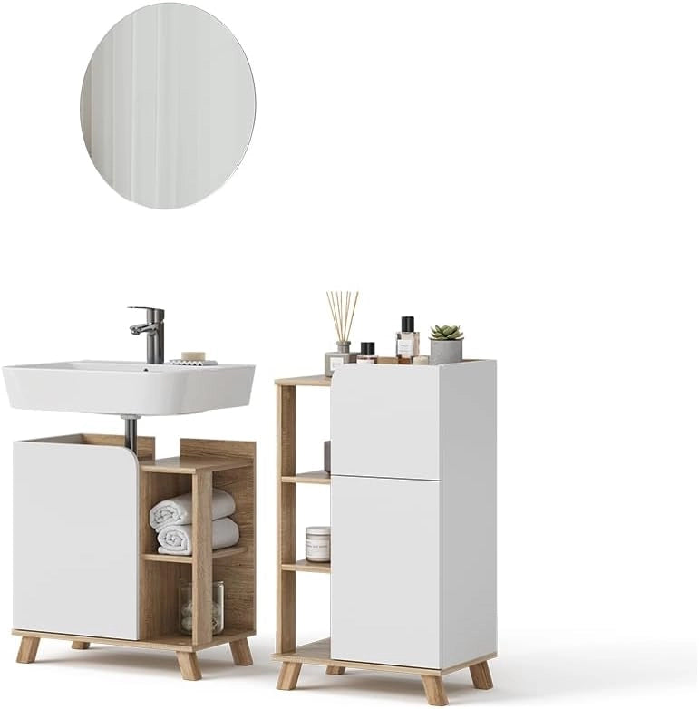 Set di mobili da bagno Karen, Sonoma/Bianco, 60 cm, composto da mobile sottolavabo, specchiera e mobile medio