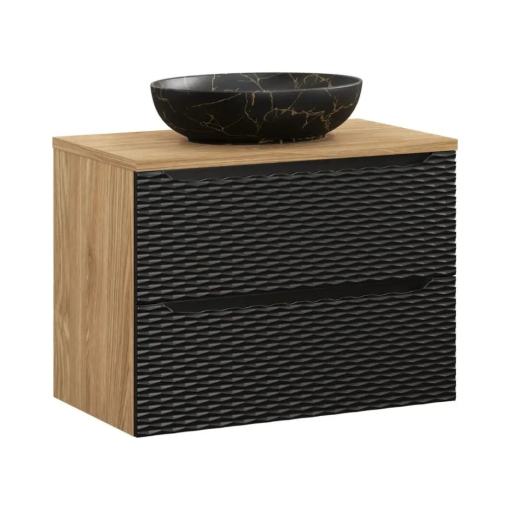 Set da bagno YOKA nero: mobile sottolavabo con cassetti 80 cm, piano per lavabo, lavabo effetto marmo nero e oro