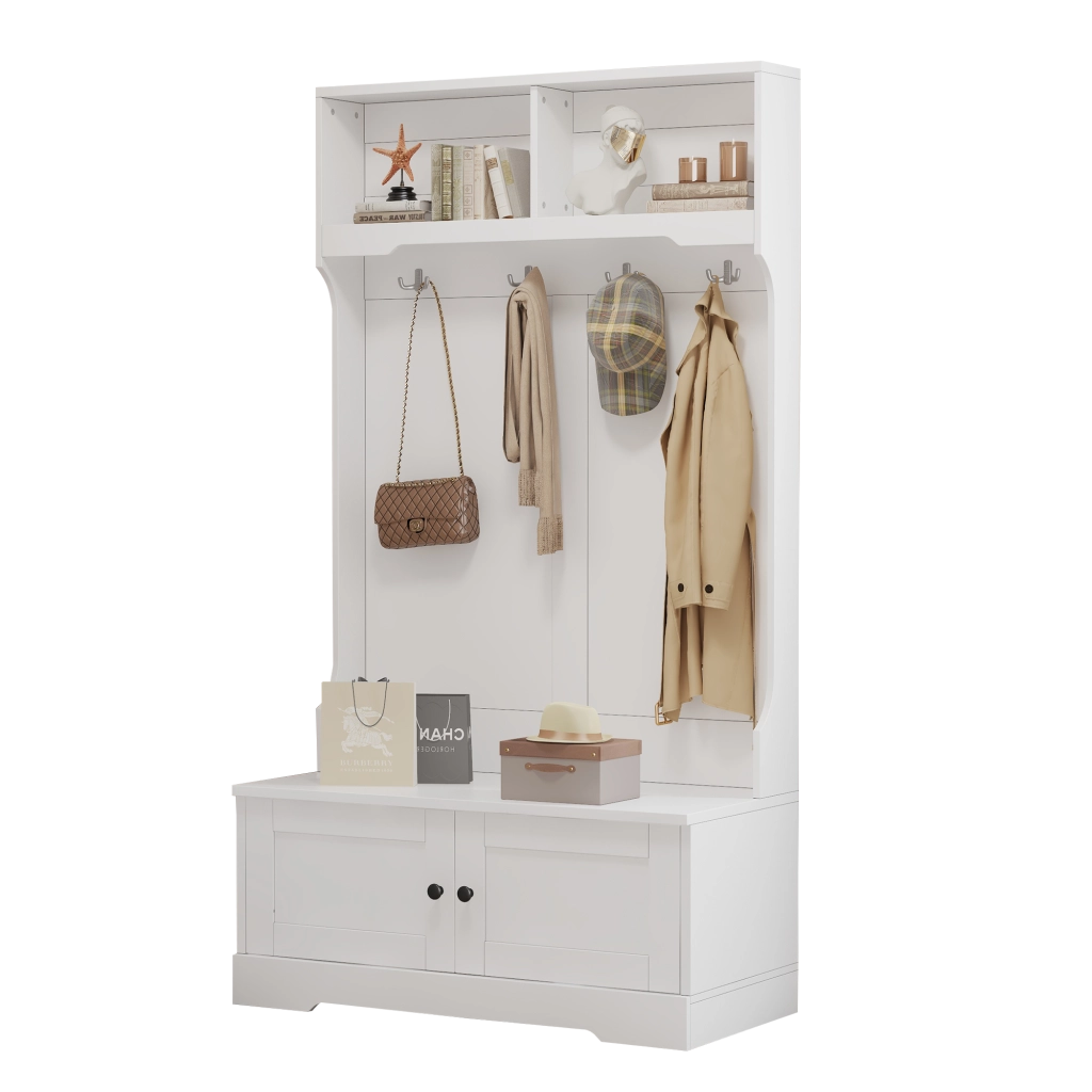 Mobile ingresso con panca; 2 ante; 2 vani aperti e 4 ganci; per ingresso; bianco; 101.5 × 183 cm