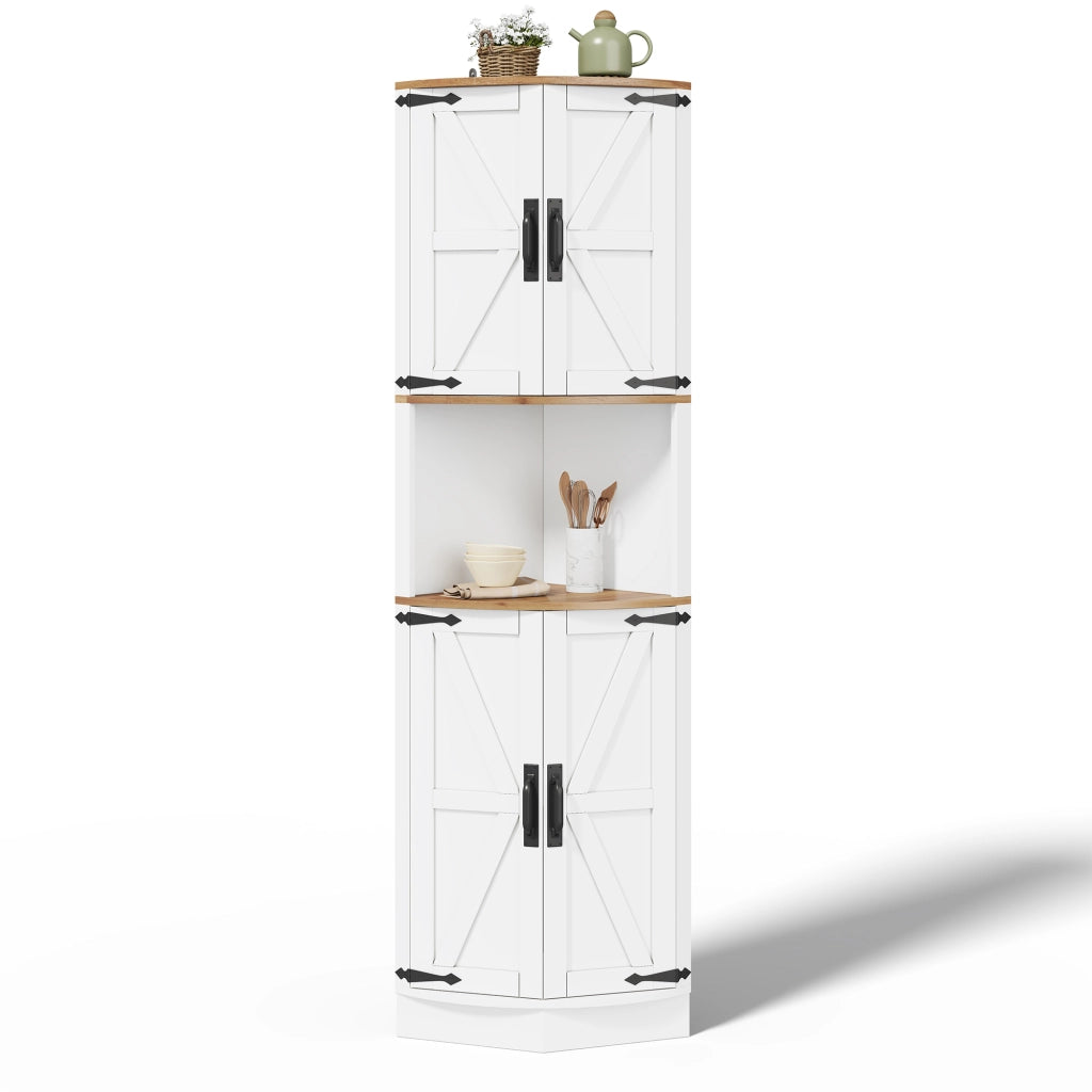 Mobile angolare con 2 ante 1 vano aperto e 4 ripiani vintage per cucina e soggiorno in MDF bianco 39,5 × 39,5 × 180 cm