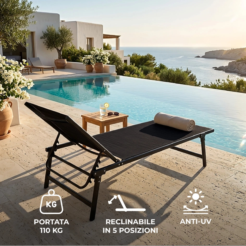 Lettino Prendisole Pieghevole Professionale in Acciaio e Textilene 182x63 cm – Schienale Regolabile 5 Posizioni, Struttura Robusta, Ideale per Giardino, Piscina e Relax Nero