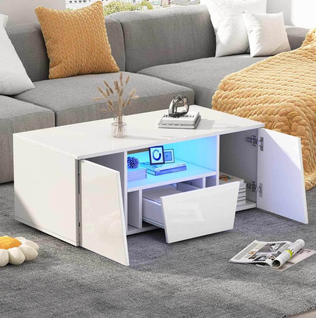 Tavolino da caffè 100x50x40 cm con luci LED; 2 armadietti e 1 cassetto in truciolare bianco