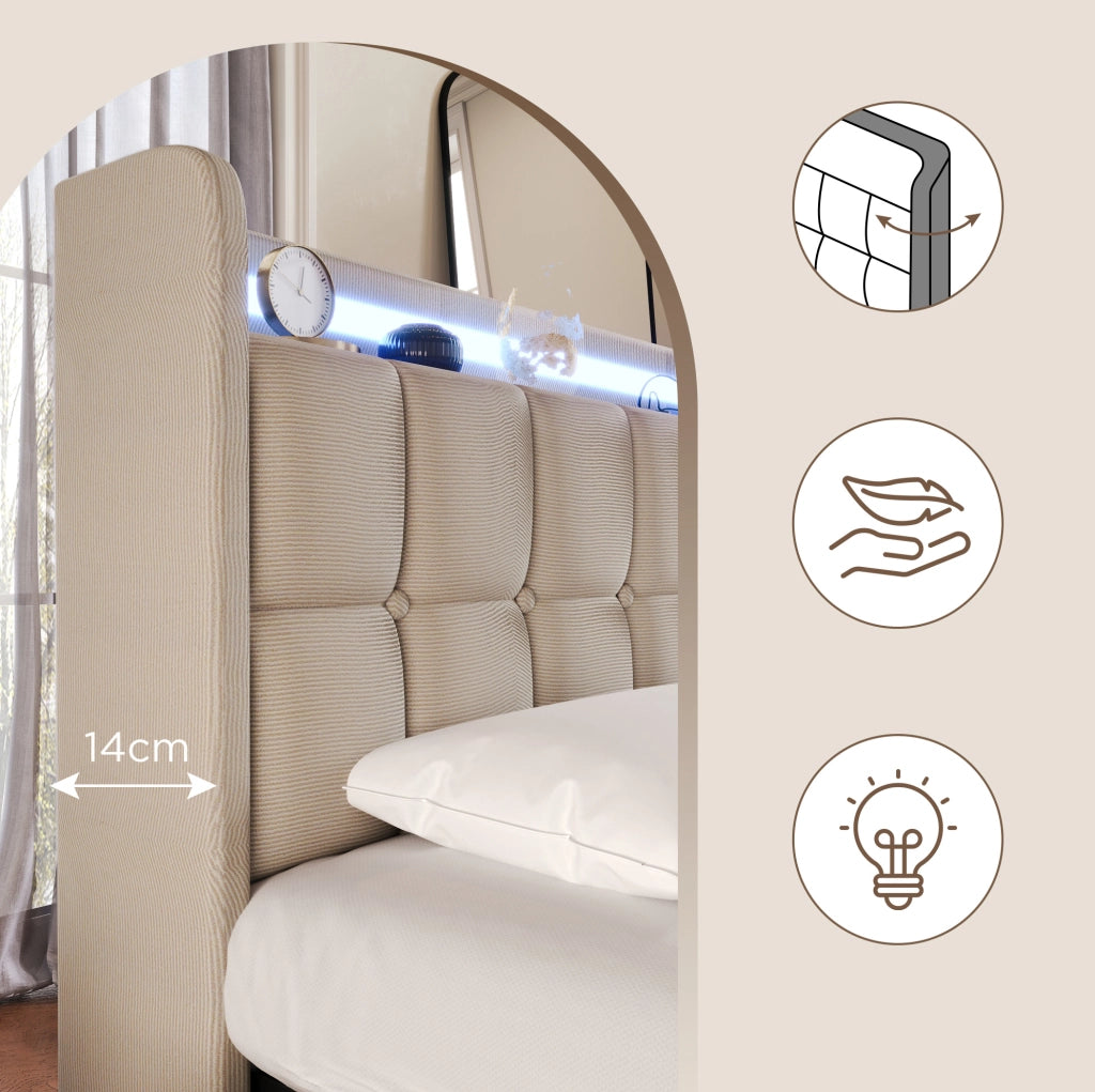 Letto matrimoniale 140x200 cm beige con prese USB; LED e 4 cassetti contenitore