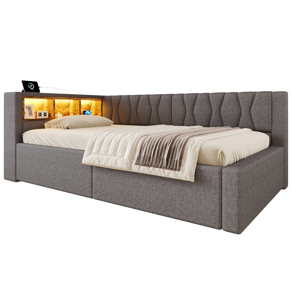 Letto da giorno 90x200 con contenitore; LED dimmerabile; ripiani e USB; lino e MDF; beige