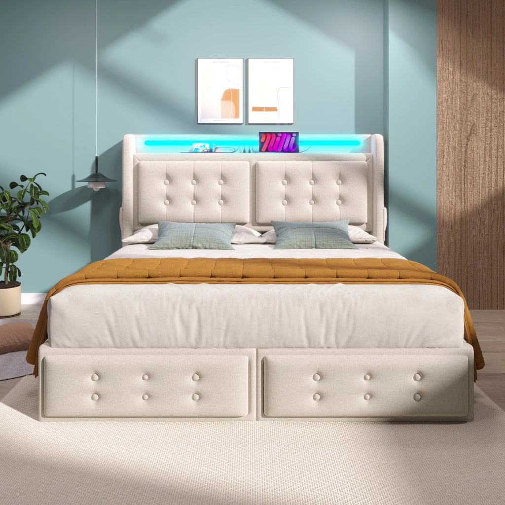 LETTO imbottito 140x200 cm in cotone-lino beige con LED, USB e 4 cassetti