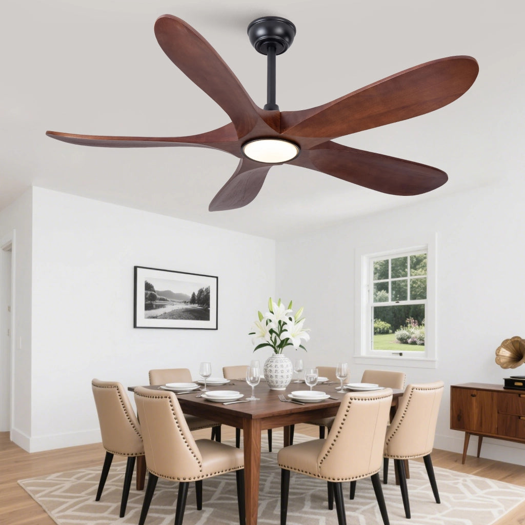 Ventilatore da soffitto con illuminazione a 5 pale; 6 velocità e timer in legno noce e nero