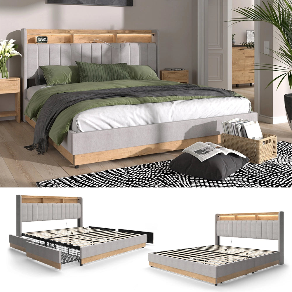 Vitalispa Letto imbottito Grigio 180x200 cm con 4 cassetti