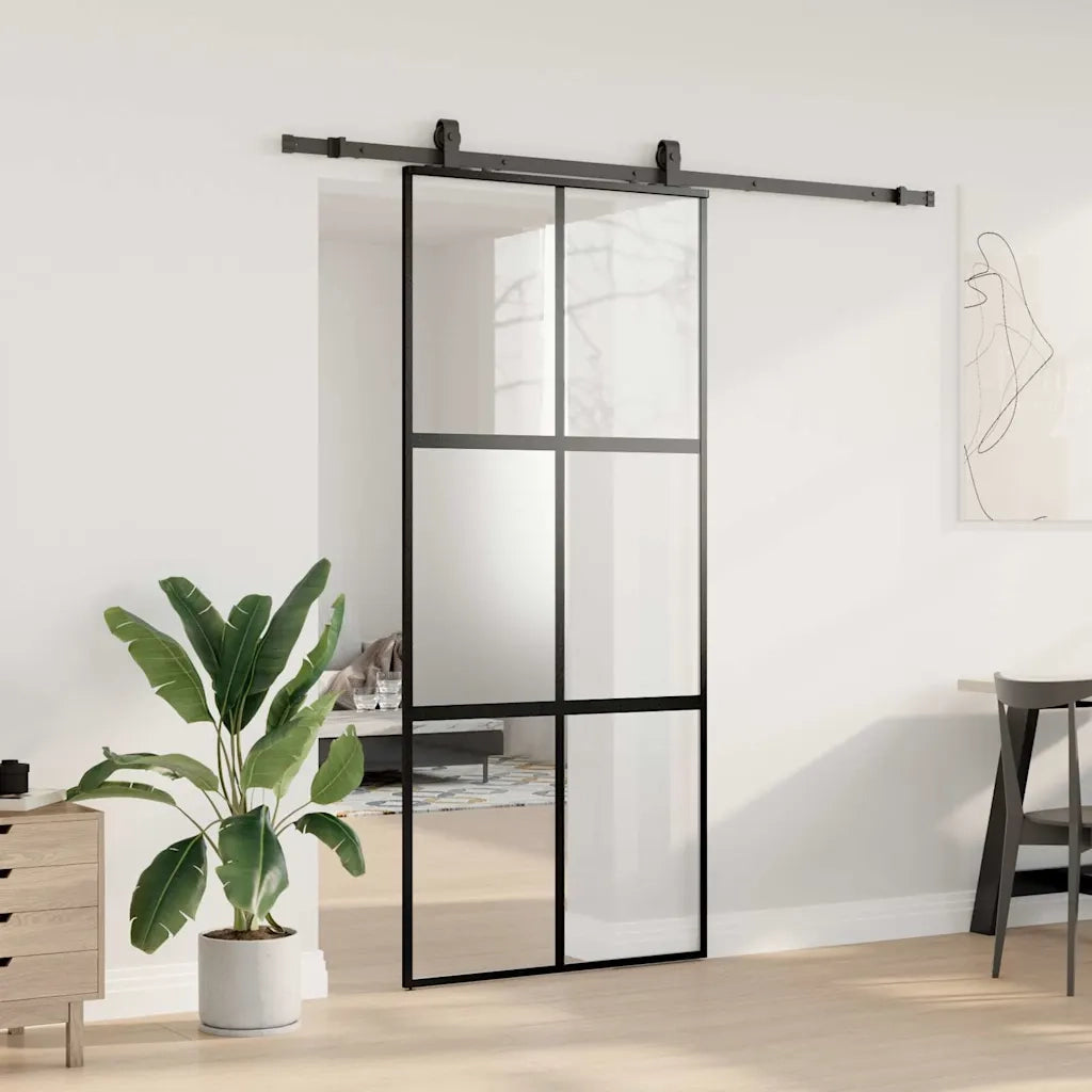 Porta Scorrevole Set Ferramenta Nera 90x205 cm Vetro Temperato