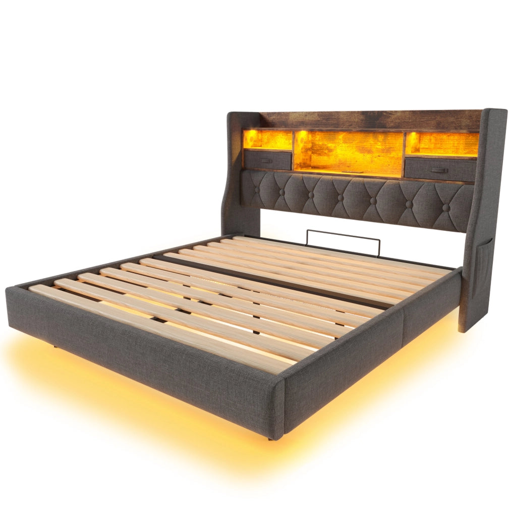 Letto 140x200 cm con LED; porta USB C e testiera contenitore; lino grigio