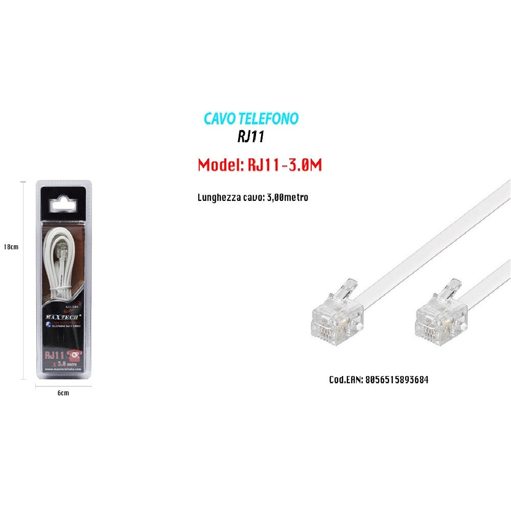 Trade Shop - Cavo Telefonico Rj11 3mt Collegamento Telefonico Prolunga Modem Maxtech Rj11-3.0m -