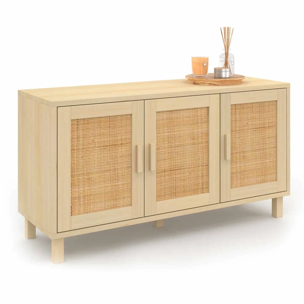 IDMarket - 113 cm ELIN Credenza bassa vintage a 3 ante con effetto canna naturale