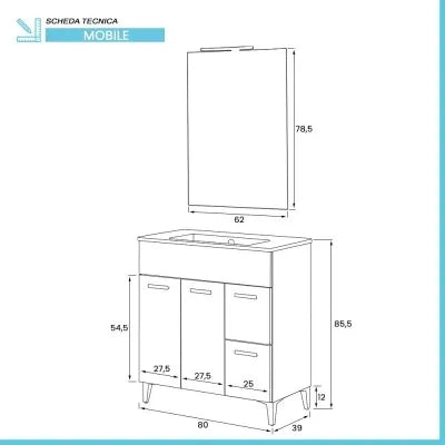 Mobiletto bagno da terra 80 bianco con lavabo e specchio LED  Martha