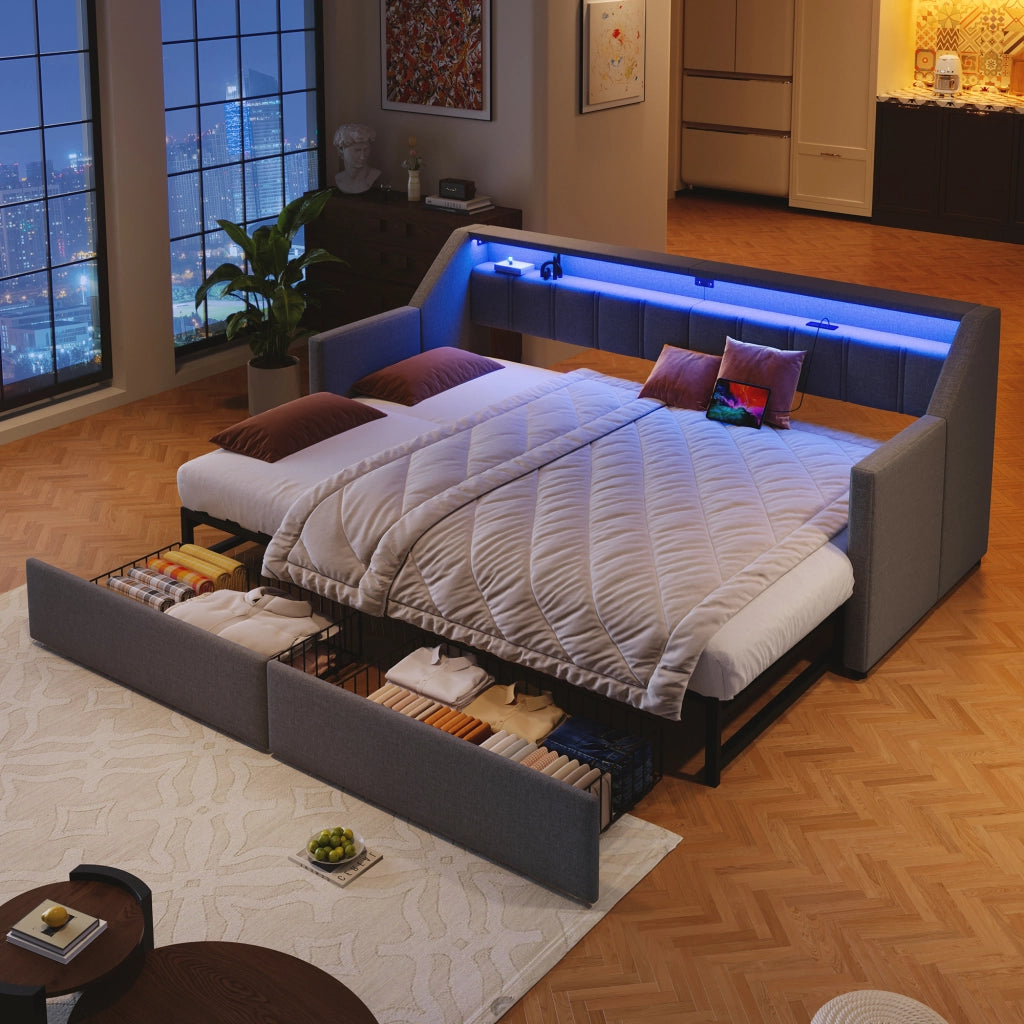 DESMIU Lit divano 90 × 200 cm con USB, Type-C, LED, 2 cassetti e tasche, senza materasso, grigio