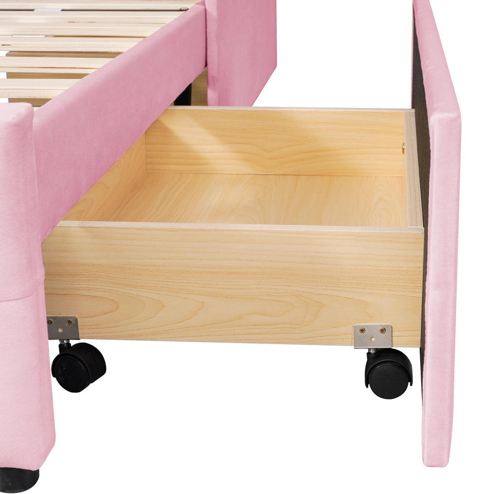 Letto imbottito con rete 90x200 cm; con testiera e cassetto contenitore; velluto rosa