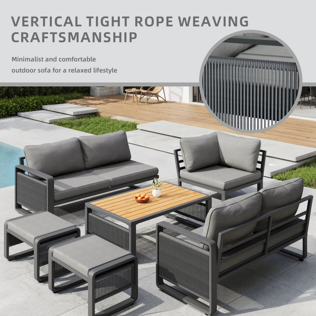 Set Divano da Giardino 6-7 Posti ¨C MINIMAL ¨C Angolare, Corda, Ferro, Cuscini, Grigio
