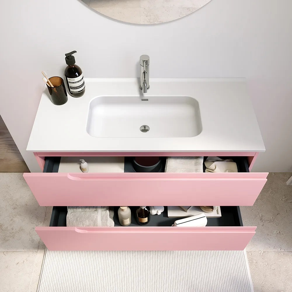 Mobile bagno sospeso 100 cm due cassetti rosa cipria opaco con lavabo | Ardenne