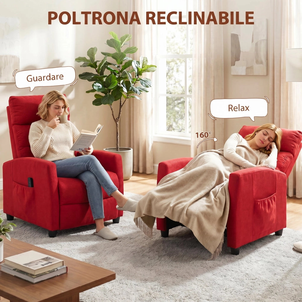 Poltrona Massaggiante  66x91x108 cm Reclinabile a 160° con Poggiapiedi e Telecomando in Ciniglia Rosso Vino