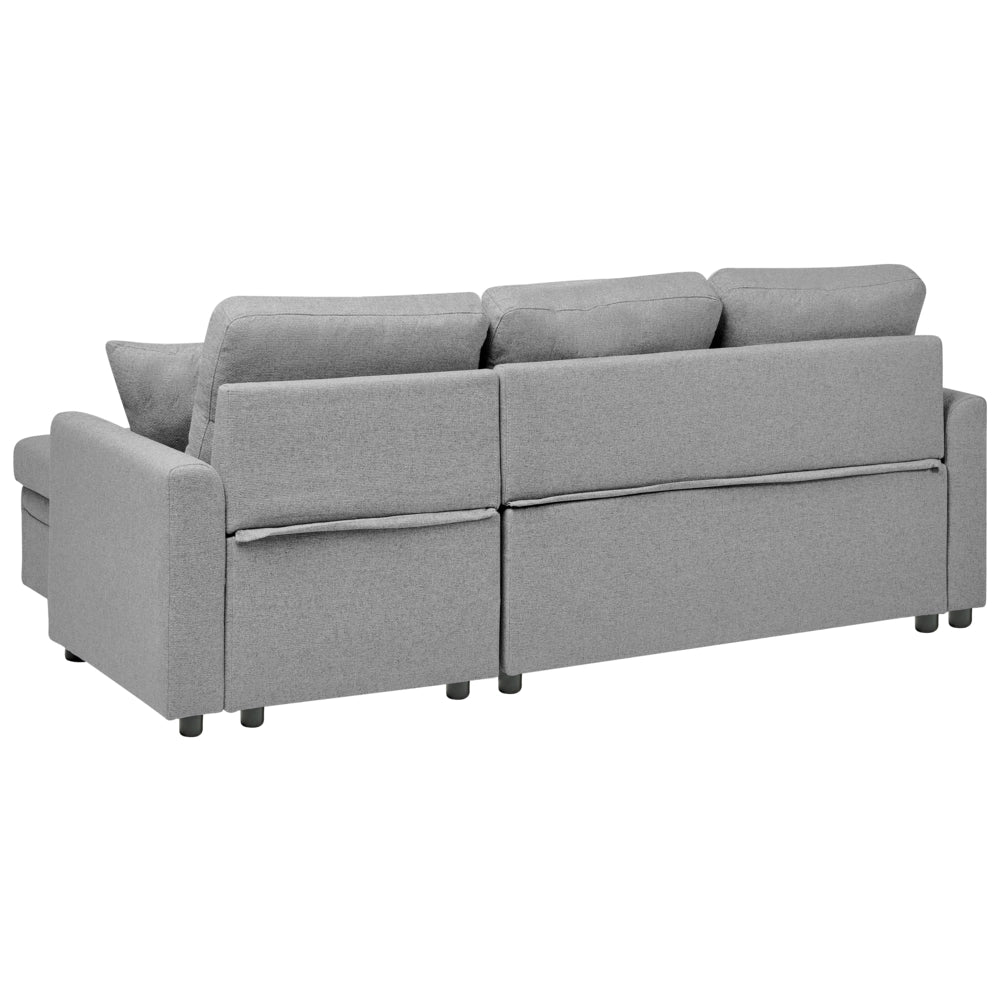 Divano letto angolare con contenitore lato sinistro grigio rivestimento in poliestere effetto lino contenitore cuscini design moderno