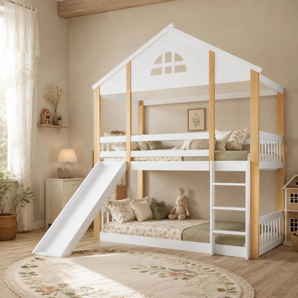Letto a castello con scivolo e scala reversibile, bianco e naturale
