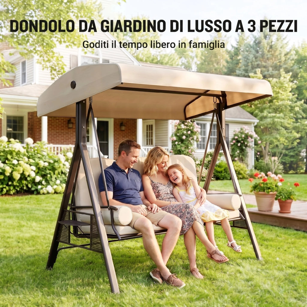 Dondolo 3 Posti per Esterno con Cuscini e Portabicchieri ¨C zephmum ¨C Beige, Metallo e Poliestere, 208x121x172 cm