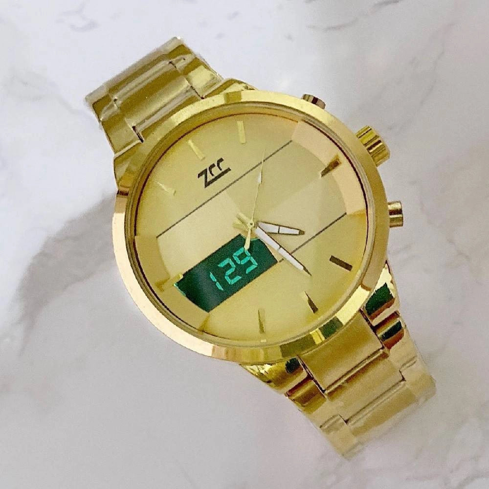 Trade Shop - Orologio Da Polso Zcc 7258 Uomo Quarzo Acciaio Dual Time Dorato Quadrante Oro -