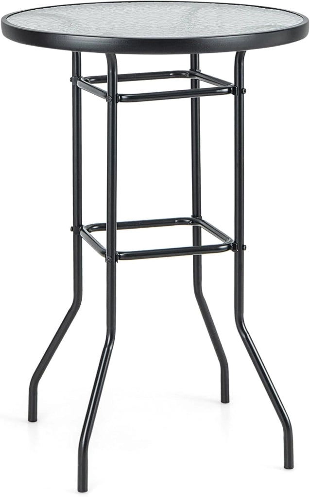 Tavolo da Bar per Giardino, Tavolo 97 cm con Piano in Vetro Temperato e Telaio in Metallo, Tavolo da Esterno per Giardino, Balcone, Cortile, Bordo, 68 x 68 x 97 cm