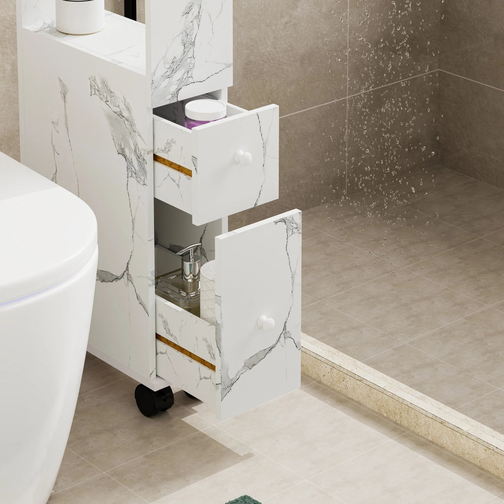 Mobile da Bagno Broreynna a Rotelle con 2 Cassetti 66 x 15 x 33 cm - Effetto Marmo Bianco [en.casa]