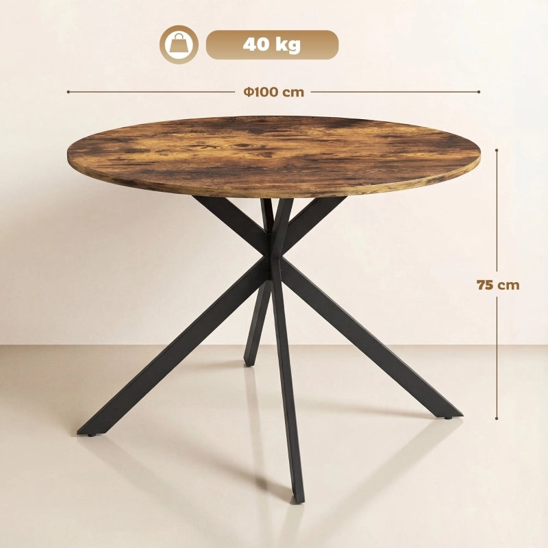 Tavolo da pranzo rotondo industriale Ø100 cm, piano effetto legno, gambe in acciaio, Rustico marrone