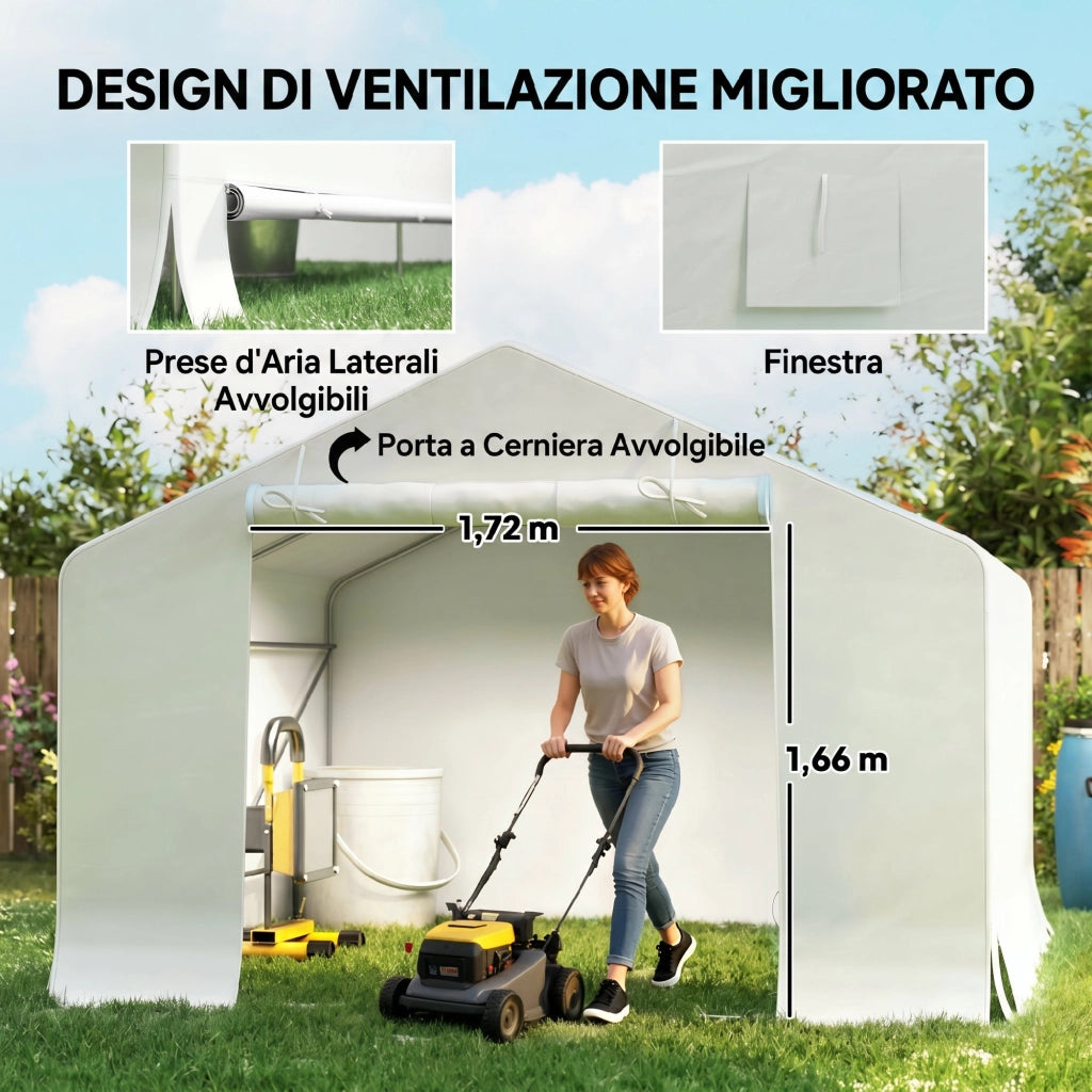 Capanno da Giardino e Tenda Garage 3x3 m Impermeabile con Porta Avvolgibile, Metallo e PE, Bianco