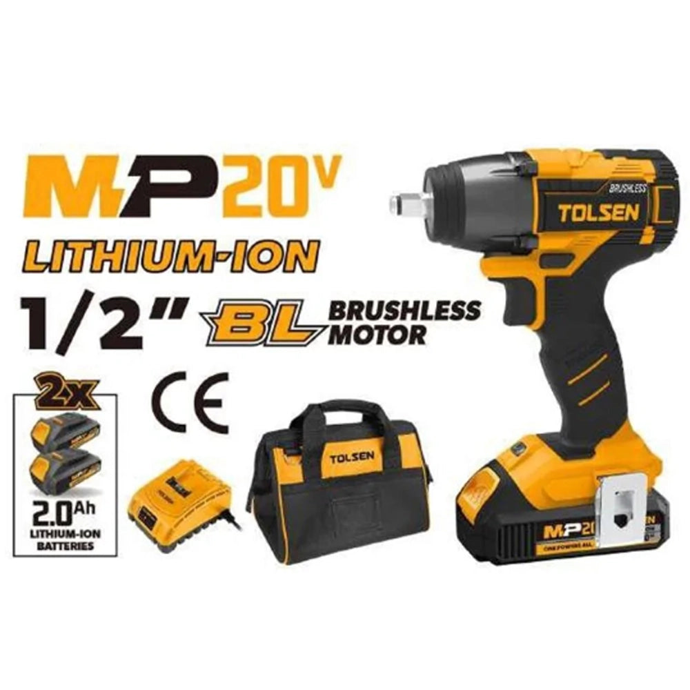 AVVITATORE A IMPULSI BRUSHLESS A BATTERIA 20V 1/2" 300Nm+2 BATTERIE 2Ah TOLSEN